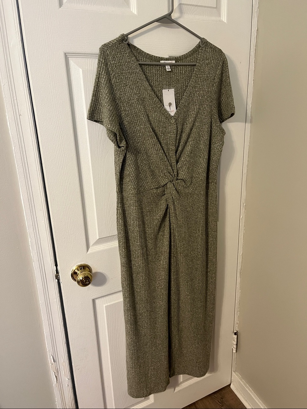 Skinnygirl Antique Olive Marled Ribbed Button maxi dress